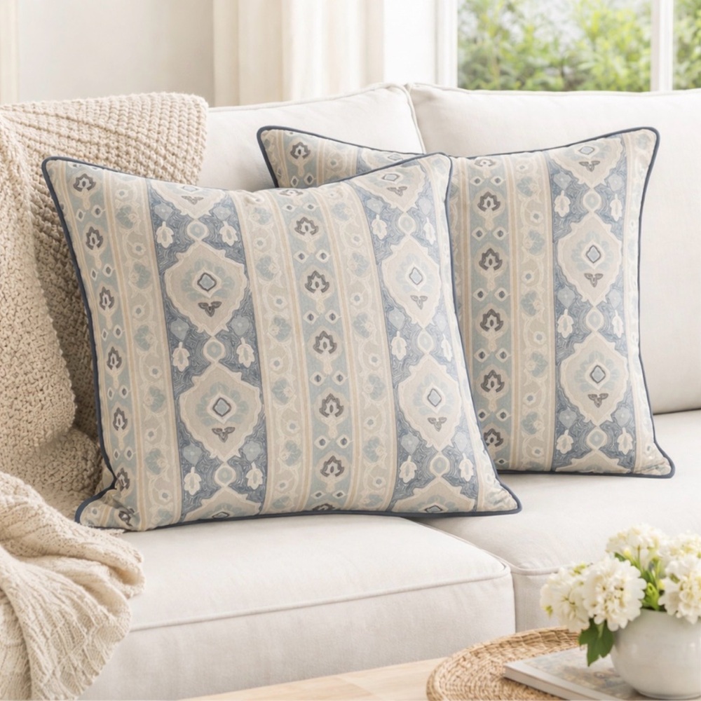 Set of 2 Blue Cream Embroidered Linen Pillow Covers, 22 x 22